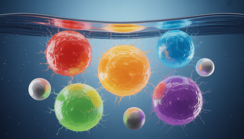 Colorful, glowing molecules representing electrolytes in a clear liquid, highlighting their role in hydration.