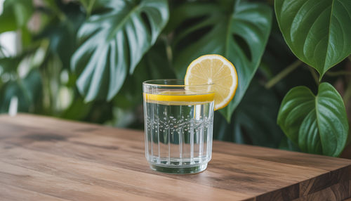 A clear glass of electrolyte-infused water with a lemon slice, set against a backdrop of green leaves, symbolizing natural hydration.