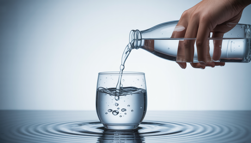 A hand pouring oxygenated water into a glass with droplets splashing, set against a white background, conveying freshness.