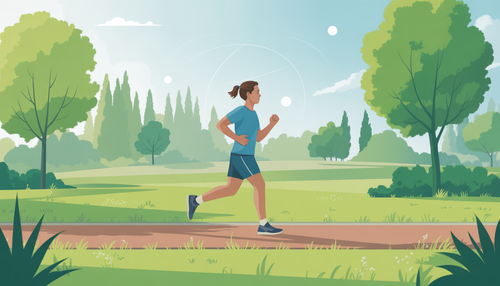 A person jogging in a green park under clear skies, representing fitness and cardiovascular health.