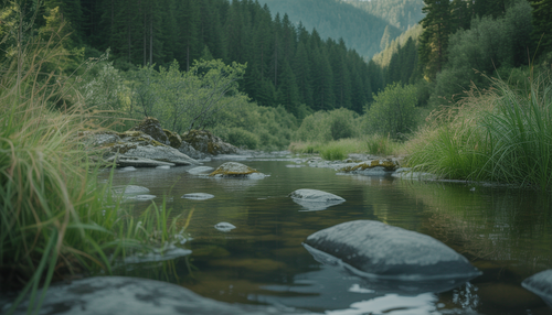 A clear water stream flowing through a lush green forest, highlighting natural hydration and recovery.