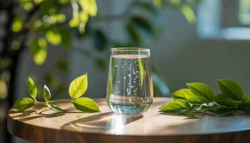 A glass of INHALE® Superoxygenated Water on a wooden table with green leaves and sunlight, showcasing its purity and refreshing quality.