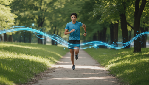 Young adult jogging in a green park with an energetic aura, depicting the benefits of oxygenated hydration.