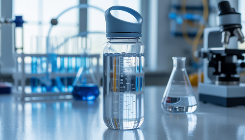 A modern water bottle on a lab table with scientific equipment, representing enhanced hydration.