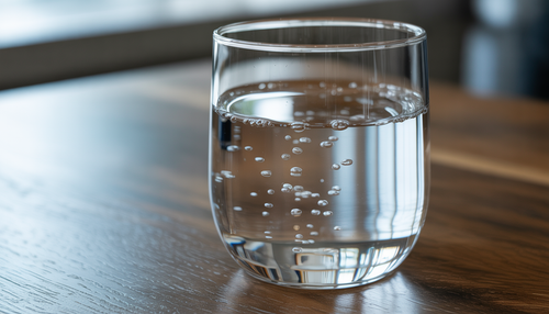 A glass of oxygen-rich water on a table, showcasing clarity and bubbles for hydration.