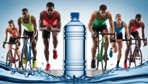 A diverse group of athletes running and cycling, with a plain water bottle in the foreground, highlighting hydration and performance.