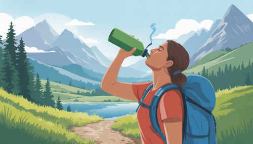 A person drinking from a water bottle while hiking in the mountains, highlighting hydration during outdoor activities.