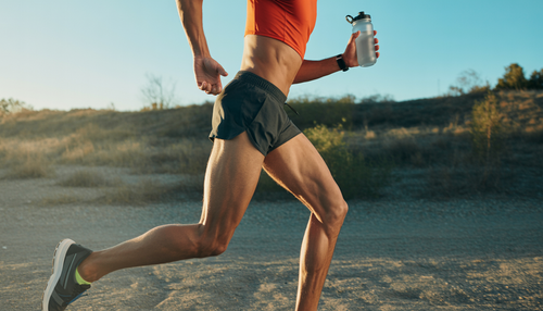 A fit athlete running outdoors on a sunny day, holding a generic water bottle, symbolizing hydration and performance.