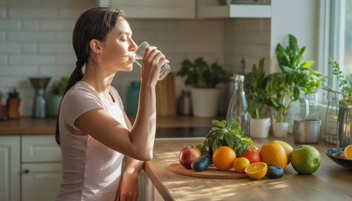 Person drinking water in a sunlit kitchen with fruits and vegetables, representing natural hydration and energy.