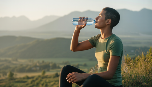 Young adult drinking water on a hilltop with a scenic view, symbolizing wellness and the importance of hydration in nature.