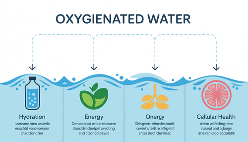 Infographic showing icons for hydration, energy, and cellular health benefits of oxygenated water.