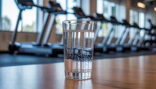 A glass of INHALE Superoxygenated Water in a gym setting, symbolizing hydration and recovery post-workout.