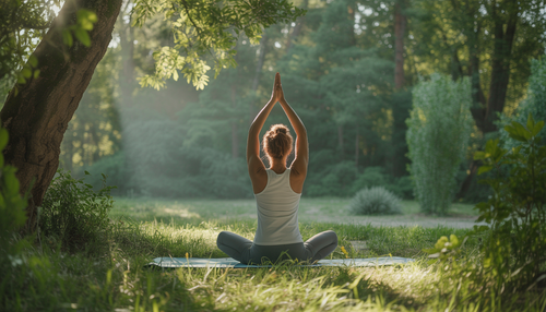A person practicing yoga outdoors amidst lush greenery and soft sunlight, representing relaxation and muscle recovery.