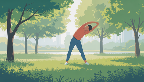 Person stretching in a calm park with morning light, symbolizing muscle recovery.