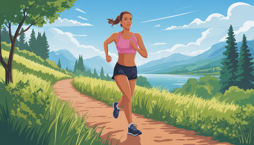 A jogger on a scenic trail under a blue sky, showcasing the energy benefits of physical activity.