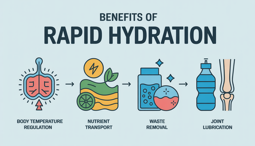 Infographic showing hydration benefits with icons for temperature regulation, nutrient transport, waste removal, and joint lubrication.
