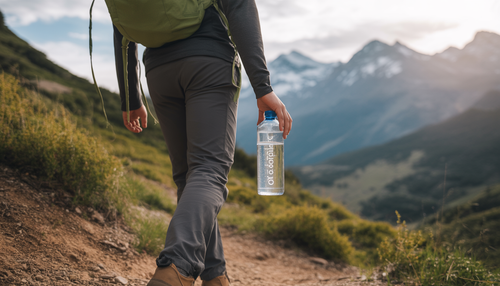 A person hiking with a bottle of superoxygenated water, emphasizing hydration and energy for outdoor activities.