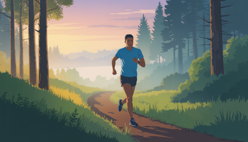 A runner on a forest trail at sunrise, highlighting cardiovascular exercise for stamina.