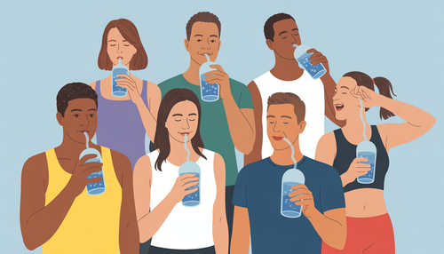 A diverse group of people, including a cancer patient, an asthma patient, and a fitness enthusiast, drinking superoxygenated water, symbolizing wellness.