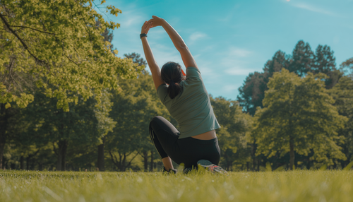A person stretching in a sunny park surrounded by greenery, illustrating active recovery.