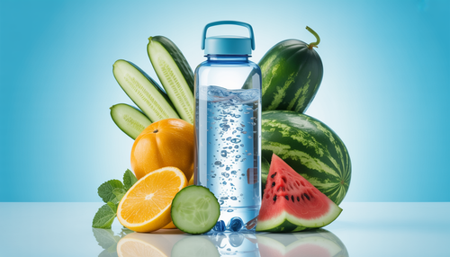 A water bottle with superoxygenated water surrounded by cucumbers and watermelon, representing hydration and wellness.