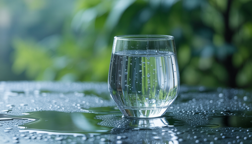A glass of sparkling oxygenated water with condensation on the table, symbolizing hydration and refreshment.