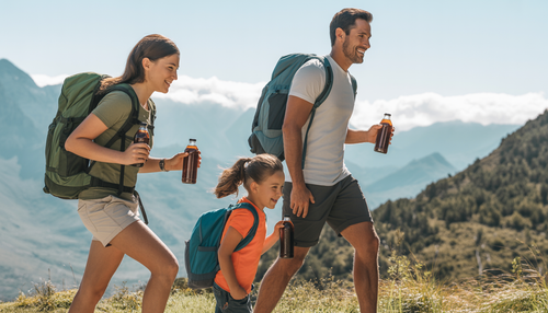 A family hiking in a mountainous landscape, each with a natural energy drink, under clear skies.