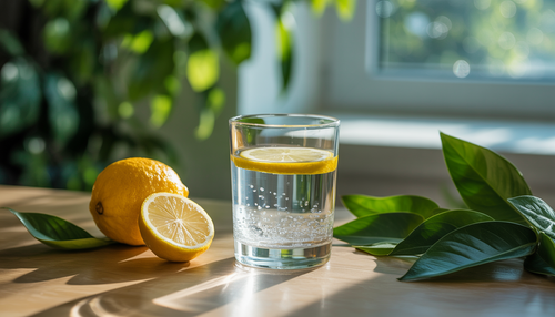 Glass of superoxygenated water with lemon on a wooden table, surrounded by green leaves and sunlight.