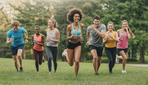 A diverse group of people engaging in activities while holding INHALE® Superoxygenated Water bottles.