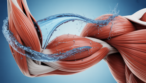 Artistic depiction of muscle fibers with water and oxygen molecules enhancing recovery.