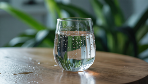 A glass of superoxygenated water with condensation, placed on a wooden table with green plants in the background.