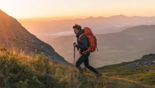 A young adult hiking in a mountainous landscape at sunrise, symbolizing adventure and natural energy.