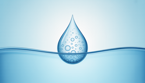 An illustration of a water droplet with oxygen bubbles on a blue gradient background, symbolizing purity and hydration.
