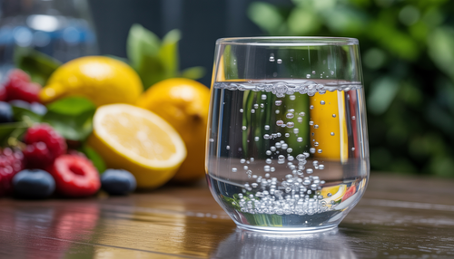 Glass of superoxygenated water with bubbles and fresh fruits like lemons and berries in the background, emphasizing hydration and natural energy.