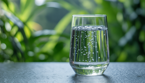 A glass of oxygenated water with bubbles against a green background, highlighting its purity and natural benefits.