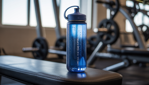 A water bottle on a gym bench, symbolizing hydration after a workout.