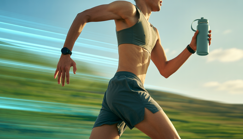 A runner holding a water bottle in a sunny outdoor setting, representing hydration and activity.
