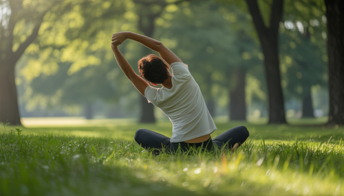 A person stretching in a park, surrounded by greenery and sunlight, representing relaxation and recovery.