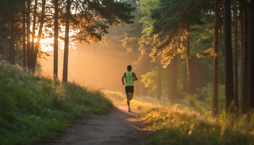 An athlete running on a forest trail at sunrise, with sunlight streaming through the trees, representing stamina and endurance.