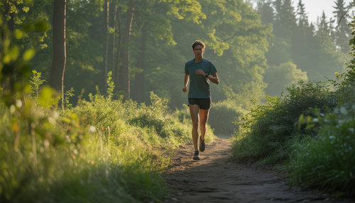 A person running on a forest trail, bathed in morning sunlight, representing endurance training.