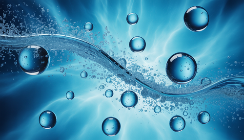 Water molecules and oxygen bubbles on a blue background, illustrating superoxygenated water's role in muscle recovery.