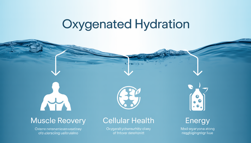 Infographic on oxygenated hydration benefits with icons for muscle recovery, cellular health, and energy over a blue water design.