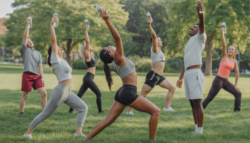 People of various backgrounds performing light exercises in a park, each with a bottle of INHALE® Superoxygenated Water.