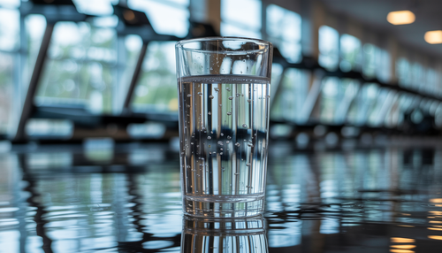 A glass of superoxygenated water with droplets, set in a gym environment, representing post-workout hydration.