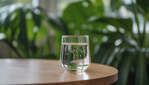 A glass of superoxygenated water on a wooden table with green plants in the background, symbolizing purity and wellness.