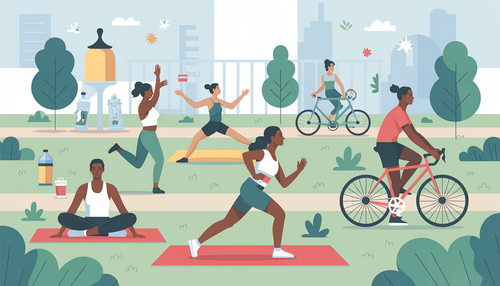 People of different backgrounds doing yoga, jogging, and cycling in a park, representing an active lifestyle and natural energy.