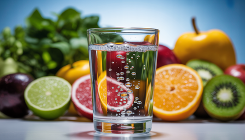 A close-up of a glass of water with oxygen bubbles, surrounded by fresh fruits and vegetables, symbolizing hydration and nutrition.