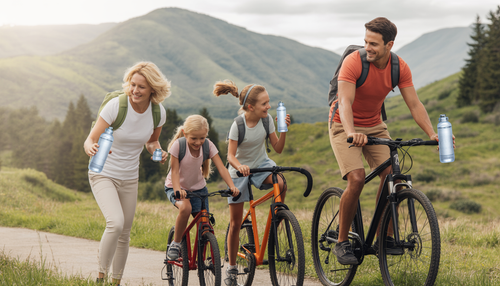 A family participating in outdoor activities like hiking and cycling, each with INHALE Superoxygenated Water, symbolizing energy, unity, and wellness.