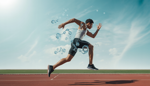 An athlete running on a track with oxygen molecules around, depicting enhanced performance with oxygenated water.