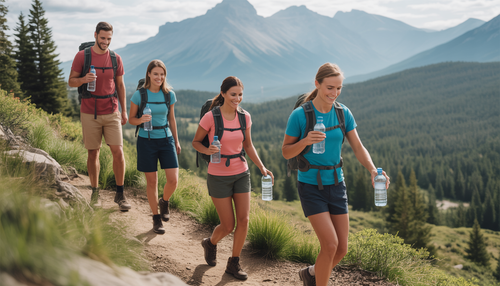 Hikers on a trail with water bottles against a mountain backdrop, showcasing hydration in outdoor adventures.